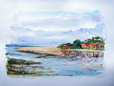 Peinture intitulée "Le port de Bordes à…" par Michel Hamelin, Œuvre d'art originale, Aquarelle