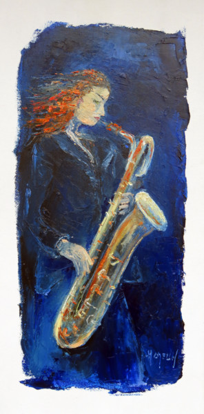 Schilderij getiteld "La saxophoniste" door Michel Hamelin, Origineel Kunstwerk, Olie Gemonteerd op Frame voor houten brancard