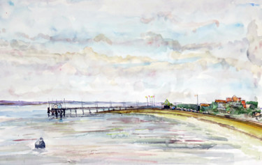 Painting titled "Nuages sur la jetée…" by Michel Hamelin, Original Artwork, Watercolor