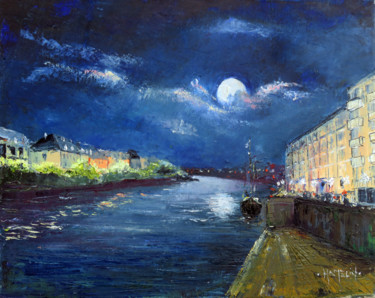 Painting titled "Pleine lune sur le…" by Michel Hamelin, Original Artwork, Oil Mounted on Wood Stretcher frame