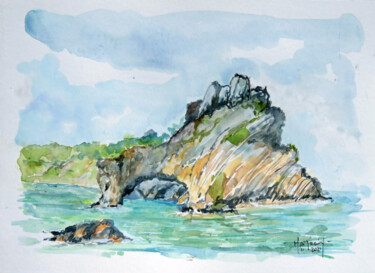 Painting titled "L'arrivée sur l'ile…" by Michel Hamelin, Original Artwork, Watercolor