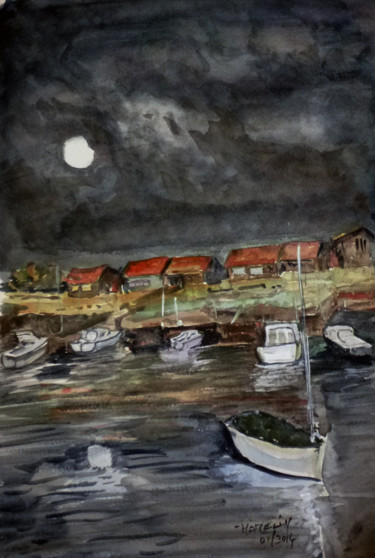 Peinture intitulée "le port de La Teste…" par Michel Hamelin, Œuvre d'art originale, Aquarelle