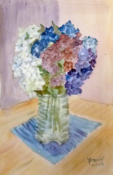 Pittura intitolato "Bouquet d'hortensia…" da Michel Hamelin, Opera d'arte originale, Olio