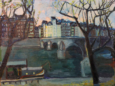 Painting titled ""Le pont neuf"" by Micheline Masse, Original Artwork, Oil Mounted on Wood Stretcher frame