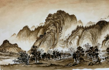 Disegno intitolato "Montagne et vallée." da Michel Kulisa, Opera d'arte originale, Inchiostro