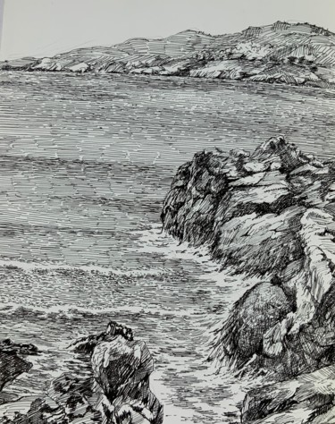 Drawing titled "Majorque,mer calme." by Michel Kulisa, Original Artwork, Ink