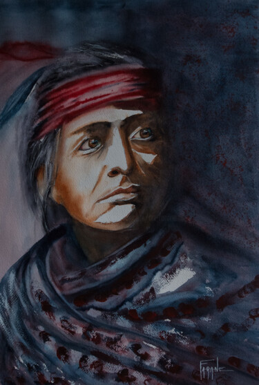 Ζωγραφική με τίτλο "Amérindien Navajo" από Michelle Thébault (Farane), Αυθεντικά έργα τέχνης, Ακουαρέλα