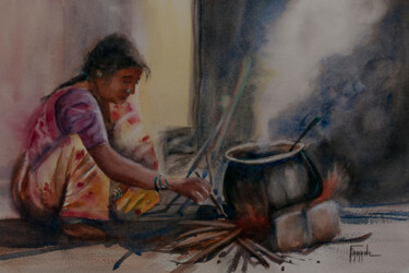 Peinture intitulée "Cuisiner en Inde" par Michelle Thébault (Farane), Œuvre d'art originale, Aquarelle