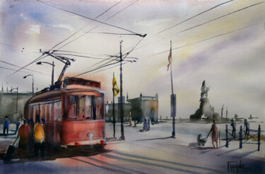 Pittura intitolato "Tramway à Lisbonne" da Michelle Thébault (Farane), Opera d'arte originale, Acquarello