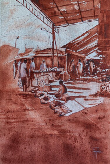 Painting titled "Inde le marché de T…" by Michelle Thébault (Farane), Original Artwork, Watercolor