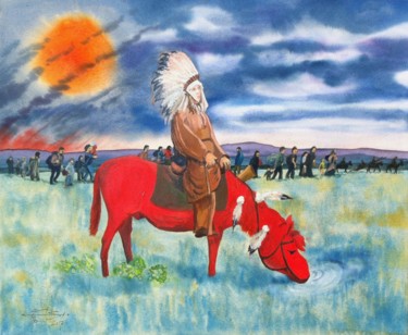 Schilderij getiteld "Cheval rouge" door Michel Munier, Origineel Kunstwerk, Aquarel