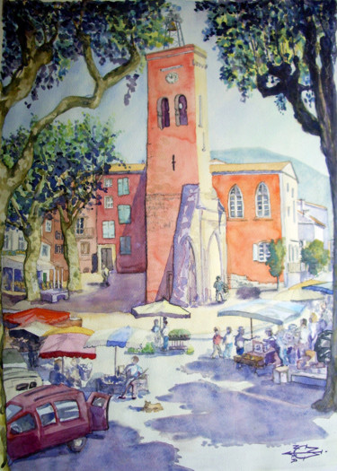 绘画 标题为“Le petit marché de…” 由Michel Munier, 原创艺术品, 水彩 安装在纸板上