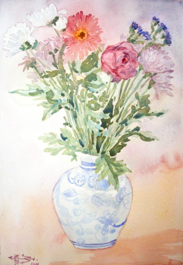 Peinture intitulée "Le bouquet au vase…" par Michel Munier, Œuvre d'art originale, Aquarelle