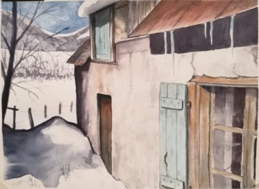 Ζωγραφική με τίτλο "Grange en hiver" από Mickael Thébault, Αυθεντικά έργα τέχνης, Ακουαρέλα