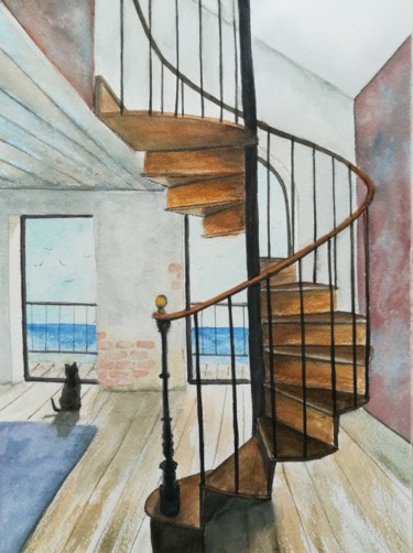 Peinture intitulée "Escalier" par Mickael Thébault, Œuvre d'art originale, Aquarelle