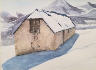 Painting titled "Grange en hiver 4" by Mickael Thébault, Original Artwork, Watercolor