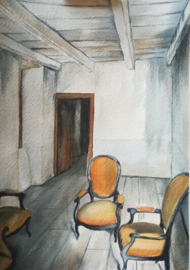 Peinture intitulée "Fauteuils jaunes" par Mickael Thébault, Œuvre d'art originale, Aquarelle