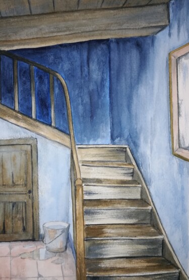 Peinture intitulée "Escalier bleu" par Mickael Thébault, Œuvre d'art originale, Aquarelle