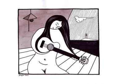 Drawing titled "SEA, GIRL & GUITAR…" by Miguel Esquivel Kuello, Original Artwork, Ink