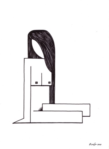 Рисунок под названием "DRAWING CUBIST GIRL…" - Miguel Esquivel Kuello, Подлинное произведение искусства, Шариковая ручка