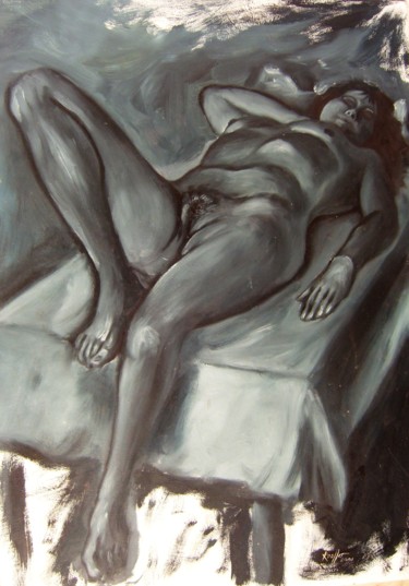 Painting titled "MUJER EN GRIS SOBRE…" by Miguel Esquivel Kuello, Original Artwork, Oil Mounted on Wood Panel