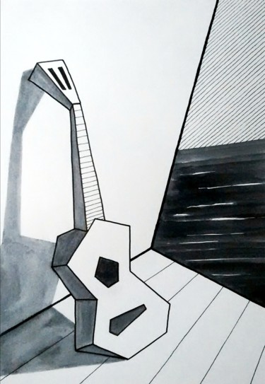 Drawing titled "GUITARRA CUBISTA" by Miguel Esquivel Kuello, Original Artwork, Ink
