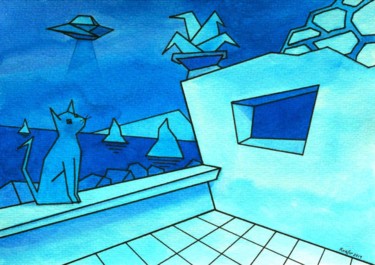 Peinture intitulée "CAT AND BLUE MOON" par Miguel Esquivel Kuello, Œuvre d'art originale, Encre