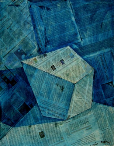 Collagen mit dem Titel "BLUE CUBE" von Miguel Esquivel Kuello, Original-Kunstwerk, Öl