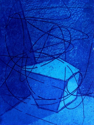 Printmaking titled "BLUE CUBE & LACE (3…" by Miguel Esquivel Kuello, Original Artwork, Etching