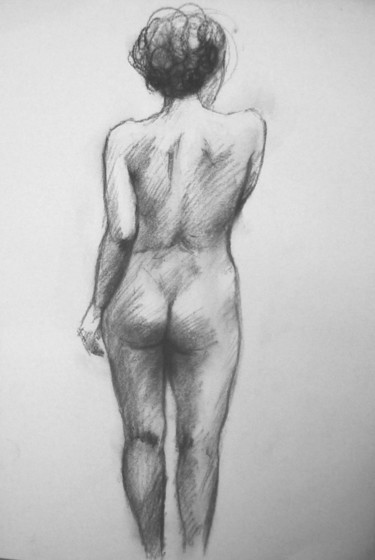 Tekening getiteld "WOMAN NUDE BACKWARD" door Miguel Esquivel Kuello, Origineel Kunstwerk, Houtskool