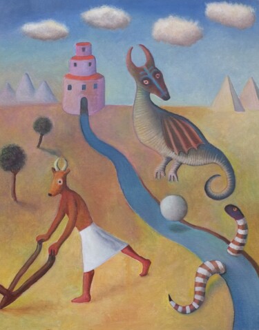 Painting titled "Dragón del desierto" by Miguel Rojas, Original Artwork, Oil