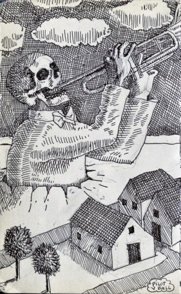 Drawing titled "El trompetista" by Miguel Rojas, Original Artwork, Ink