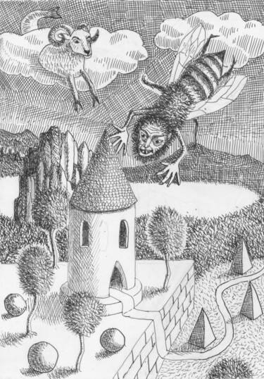 Tekening getiteld "El gran abejorro" door Miguel Rojas, Origineel Kunstwerk, Inkt