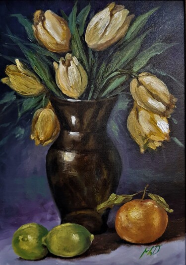 Painting titled "Tulips with fruits" by Mihai Denis, Original Artwork, Oil