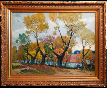 Painting titled "Three willows, oil,…" by Mikhail Kokin, Original Artwork, Oil Mounted on Wood Stretcher frame