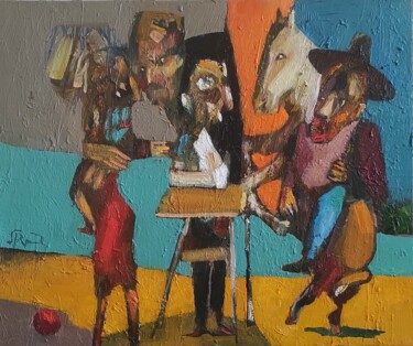 Painting titled "The rider in yard" by Mihran Manukyan, Original Artwork, Oil Mounted on Wood Stretcher frame