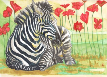 Painting titled "Zebra in red flowers" by Mika Shigeru, Original Artwork, Marker