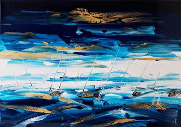 Painting titled "Regatta in blue whi…" by Mikha, Original Artwork, Acrylic Mounted on Wood Stretcher frame