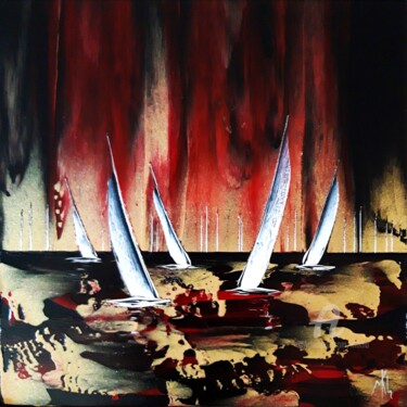 Painting titled "Crimson regatta II" by Mikha, Original Artwork, Acrylic Mounted on Wood Stretcher frame
