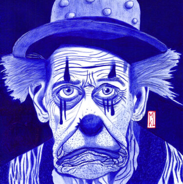 Dessin intitulée "Clown triste" par Mikael Schneider, Œuvre d'art originale, Stylo à bille