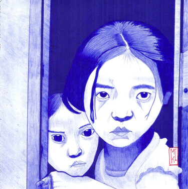 Tekening getiteld "2 little girls" door Mikael Schneider, Origineel Kunstwerk, Gelpen