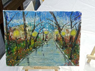 Картина под названием "Rain in the park of…" - Miklashevich Andrey, Подлинное произведение искусства, Масло Установлен на Де…