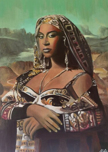 Malerei mit dem Titel "Beyonce en joconde" von Mila Bnzh, Original-Kunstwerk, Öl