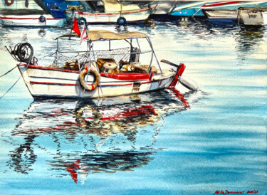 Malarstwo zatytułowany „Humble fishing boat” autorstwa Mila D'Art, Oryginalna praca, Akwarela