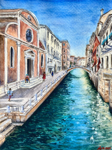 Pittura intitolato "Venice in quarantin…" da Mila D'Art, Opera d'arte originale, Acquarello