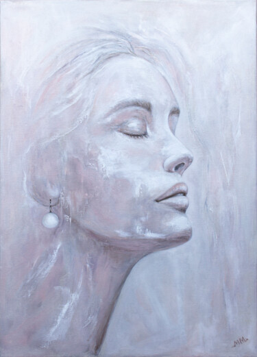 Painting titled "Pearl (white)" by Mila Moroko, Original Artwork, Oil Mounted on Wood Stretcher frame
