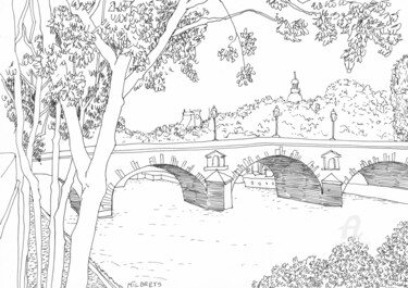 Рисунок под названием "Pont Marie / Paris.…" - Lauris Milbrets, Подлинное произведение искусства, Гелевая ручка