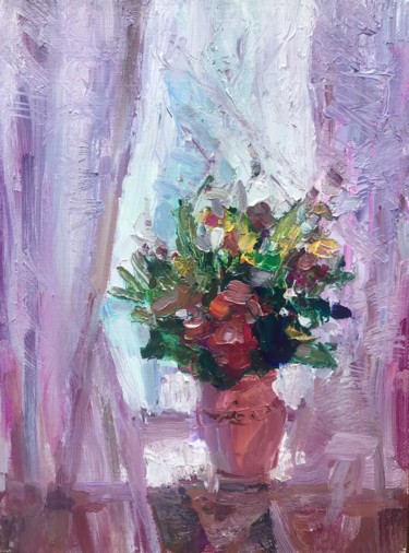 Painting titled "Цветы в окне" by Ekaterina Silchenko, Original Artwork, Oil Mounted on Wood Stretcher frame