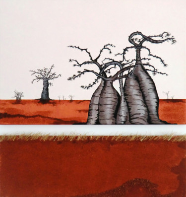 Painting titled "Baobabs en terre ro…" by Mileg, Original Artwork, Acrylic Mounted on Wood Stretcher frame