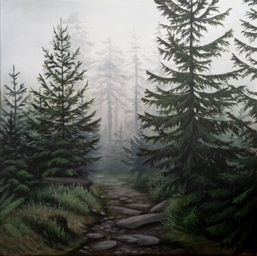 Malerei mit dem Titel "Road in the misty f…" von Yulia Zhdanovich (MiliArt), Original-Kunstwerk, Acryl Auf Keilrahmen aus Ho…